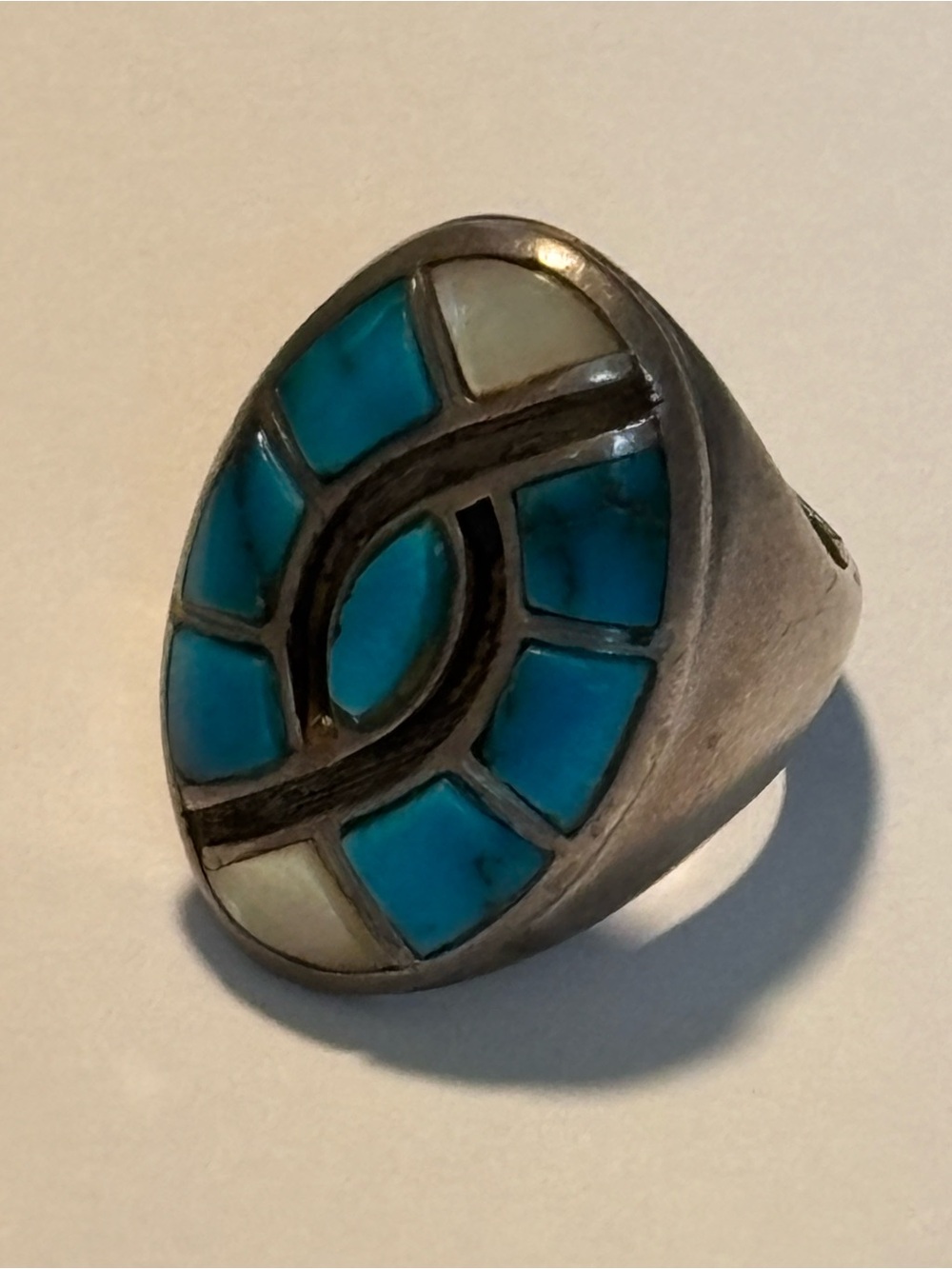 Mop and Turquoise Inlay Oval Sterling silver silver Ring - size 11